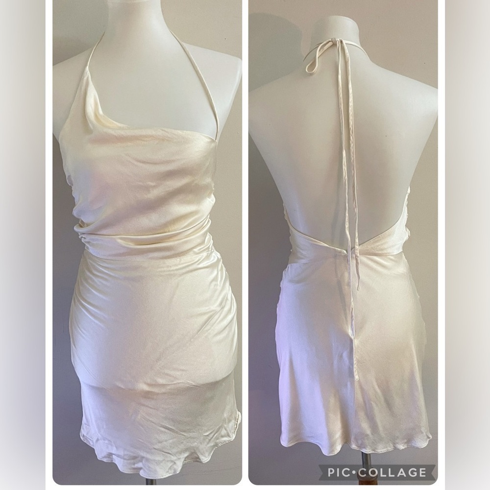 Shona Joy Sateen Cream Halter Dress Party Wedding